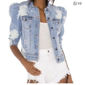 Retrofete Flavia Denim Jacket Puff Sleeves Teal Bleach Splatter Sample XS NWT